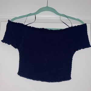 NAVY RUFFLE OFF-THE-SHOULDER TOP